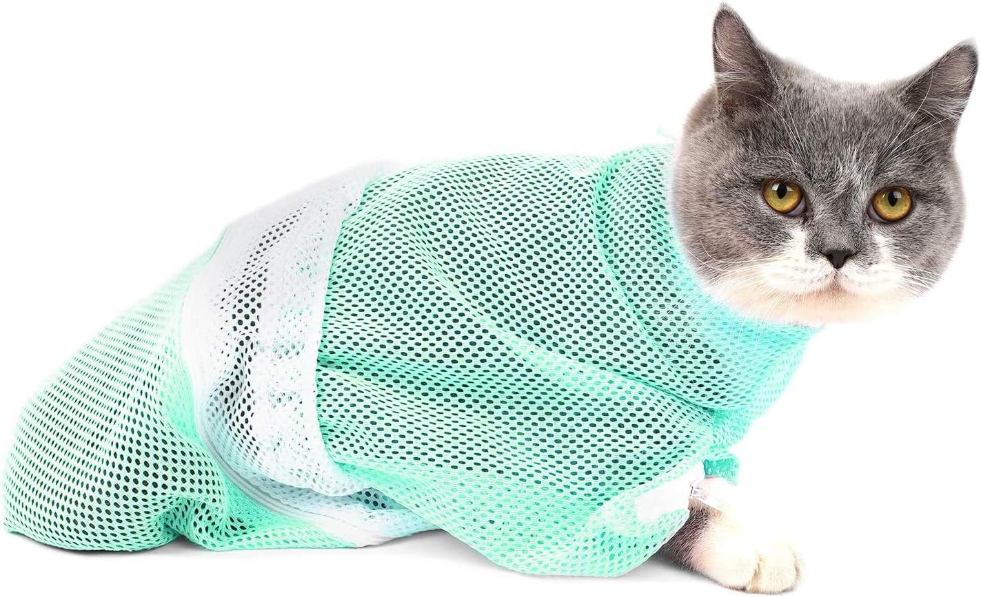 GAPZER Cat Shower Bag Pet Grooming Restraint Bags Adjustable Breathable Mesh Anti-bite & Scratch Kitty Bathing Bag for Nail Trimming