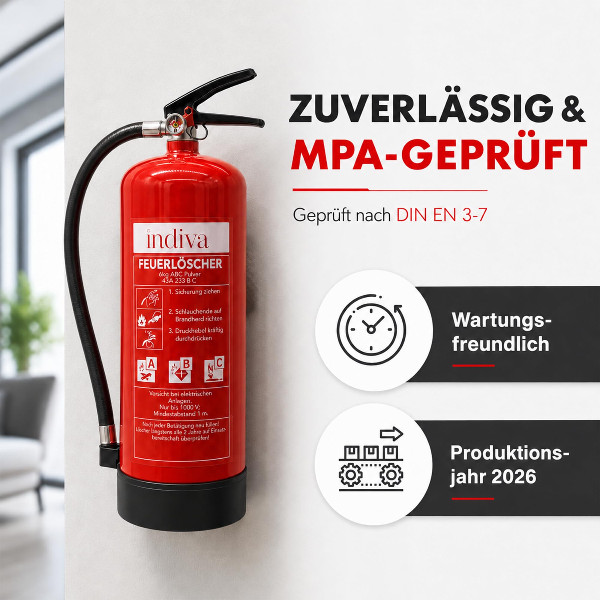 Pulverfeuerlöscher Brandklassen ABC - Feuerlöscher 6kg - Dauerdrucklöscher 43A 233 B C - Löscher für Auto, Büro, Werkstatt, Lager & Industrie - Pulverlöscher 12  Löscheinheiten