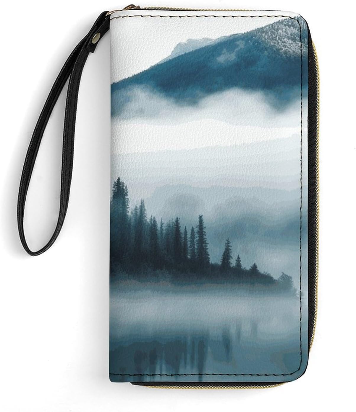 Womens Wallet Foggy Mountains Landscape Printed Wristlet Wallets for Women Large Capacity Credit Card Holder Ladies Phone Clutch Leather Zip Around Clutch Wallet