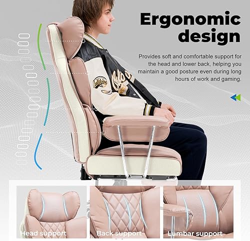 Miniatura 3 de COMHOMA Silla de oficina grande y alta, silla de juegos de cuero con reposapiés, sillas de oficina ergonómicas ejecutivas con soporte lumbar de