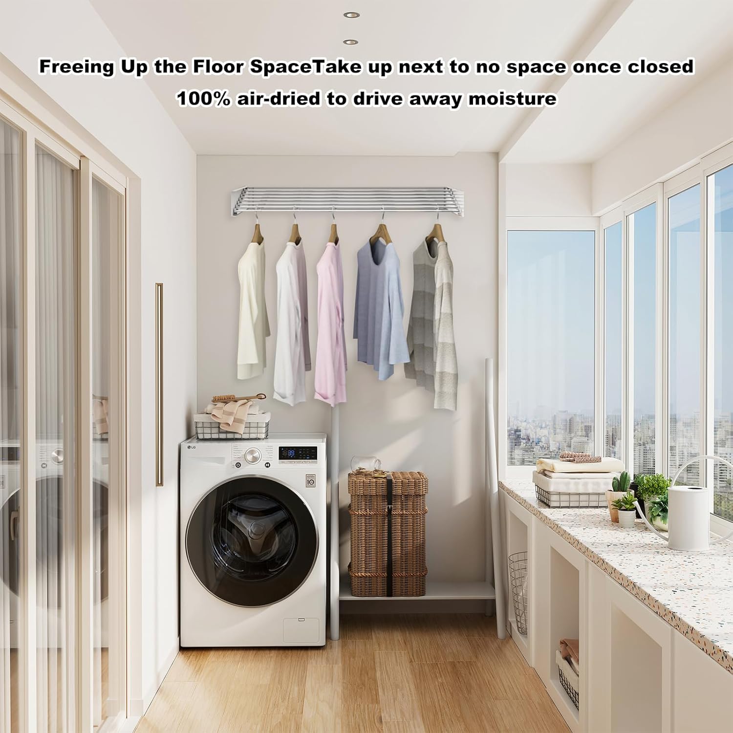 Wall Mounted Drying Rack，Retractable and Foldable Clothes Drying Rack on The Wall， 31.5" Long, 15.75" Wide, with 5 Aluminum Poles and Has A 60 lb Weight Capacity