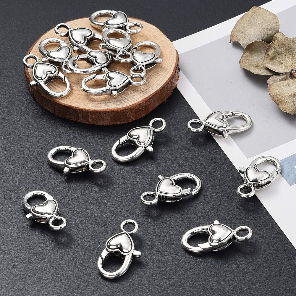 KISSITTY 30-Piece Lobster Claw Clasps Antique Silver Large Heart Fastener Hook Trigger Clasps for Bracelets Charm DIY Jewelry Making, 27x13.5mm Tibetan Alloy