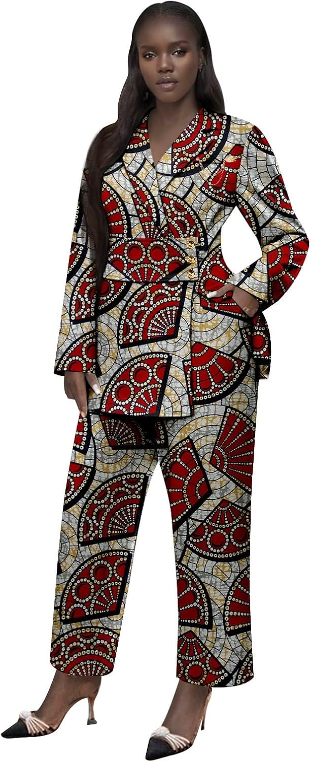 African Clothes for Women Brooch Blazer and Ankle Pants 2 Piece Set Ankara Attire Print Outfits with Belt