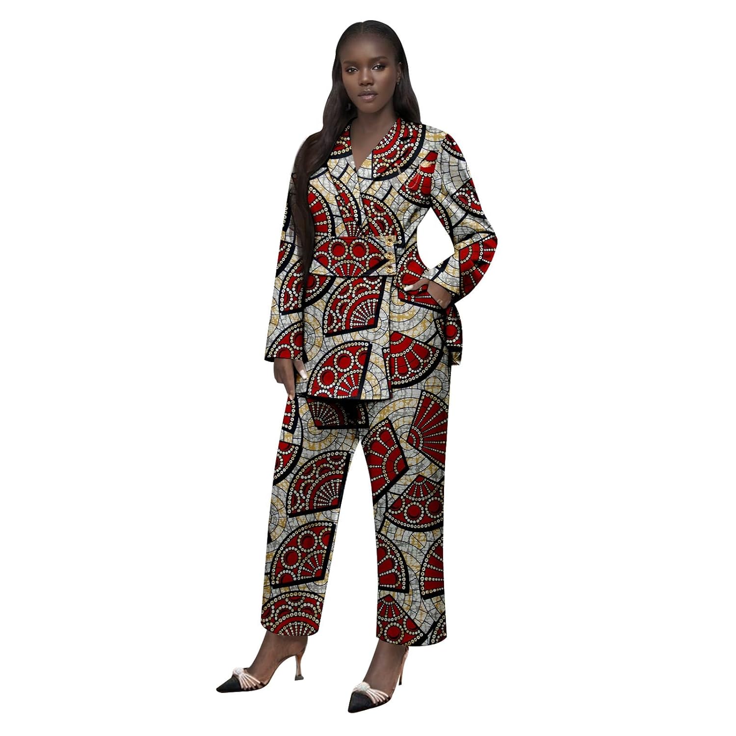 African Clothes for Women Brooch Blazer and Ankle Pants 2 Piece Set Ankara Attire Print Outfits with Belt