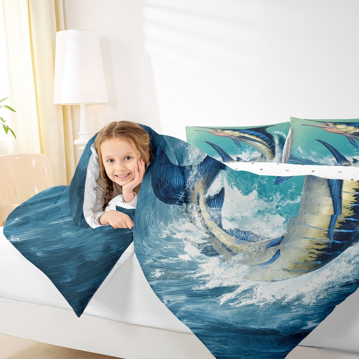 Feelyou Marlin Swordfish Comforter Ocean Fish Bedding Set Nautical Fishing Hunting Comforter Set for Boys Girls Teens Decor Green Wave Duvet Set Twin Size Boys