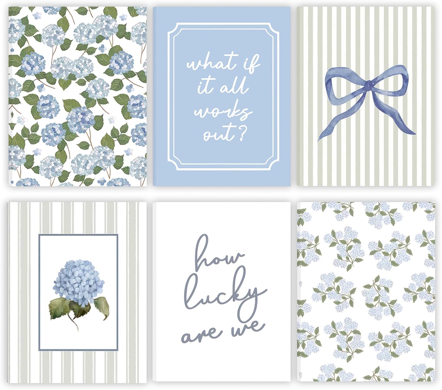 6 Pcs Blue Hydrangea Bow Canvas Wall Art How Lucky Are We Poster Prints Trendy Striped Coquette Paintings Pictures Sage Green Coastal Preppy Aesthetic Wall Decor for Girl Room Bedroom Living Room Office Dorm Apartment 8x10 Inch(Stretched Canvas On A Wooden Frame)