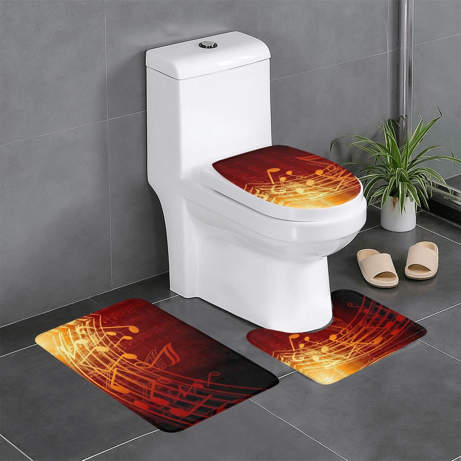 Tapis de bain note de musique rouge : lot de 3 pièces absorbantes OUSIKA