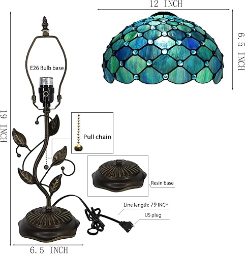 Miniatura 3 de Tiffany Table Lamp, Stained Glass Desk Light, W12H19 Inch, Metal Leaf Base (Sea Blue Pearl Style)