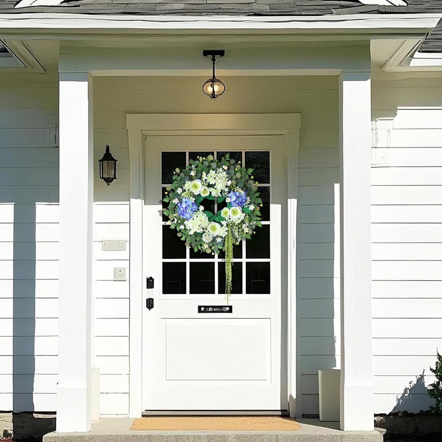 26" Hydrangea & Eucalyptus Wreath for Front Door, Porch, Window - Large Artificial Silk Flowers Outdoor Wreath for Home, Farmhouse, Wedding Decor - Spring, Summer, All Seasons (White&Purple)