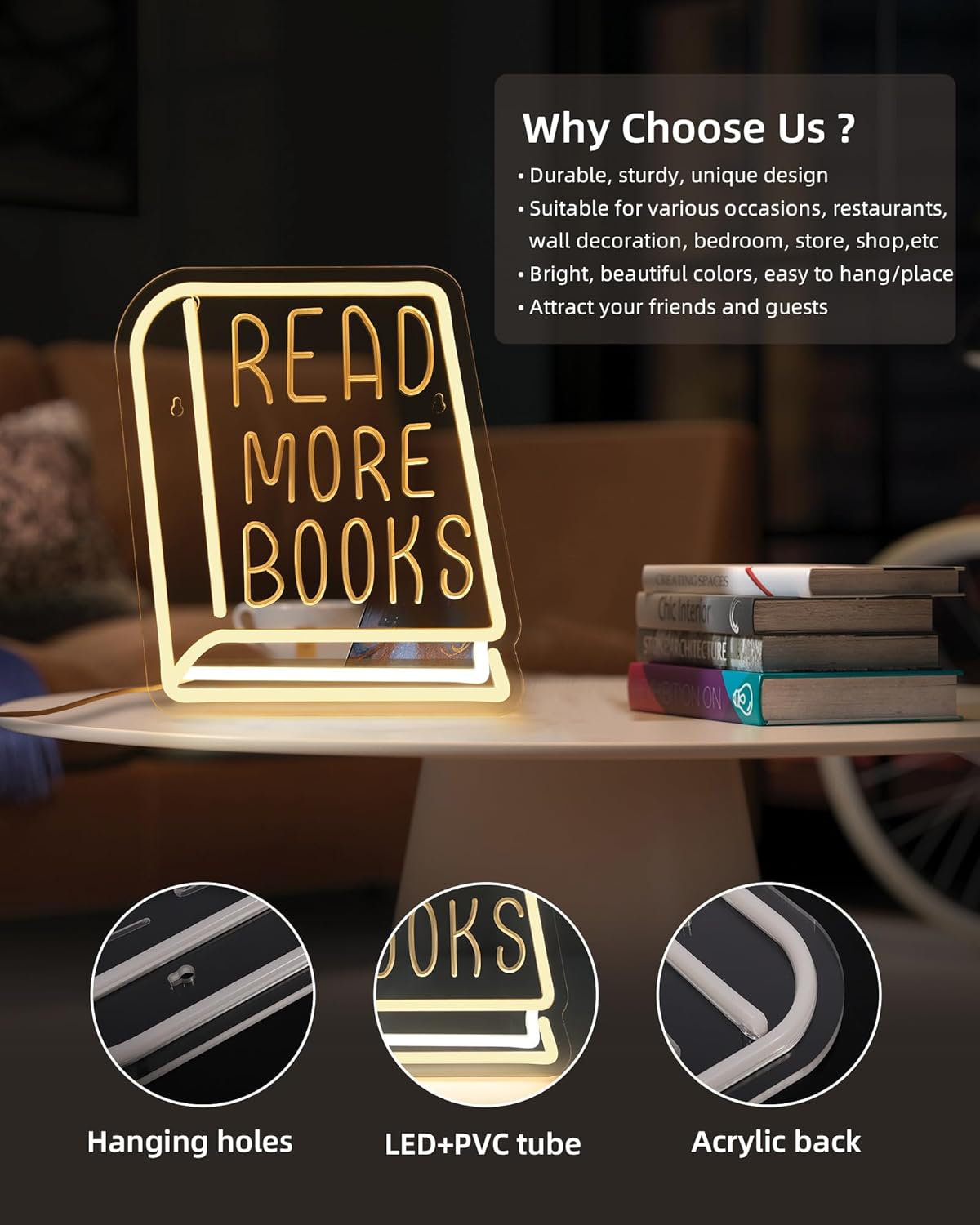 Read More Books Neon Sign - Dimmable Book Neon Lights LED Light Up Sign for Bedroom, Bookstore, Library, Study Room - Classroom and Museum Decoration (11.8"*10.6")"（1pack）
