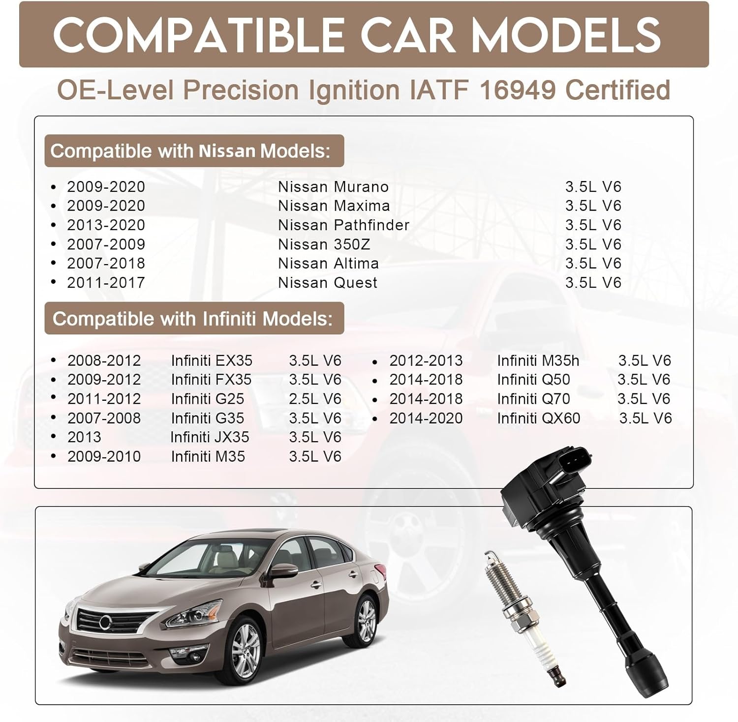 UF550 Ignition Coils & Iridium Spark Plugs 1406 Compatible with Nissan Altima Maxima Murano Pathfinder, for Infiniti FX35 G35 Q50 QX60 3.5L V6, OE Replace# UF550 C1670 22448-JA10C (Set of 6)