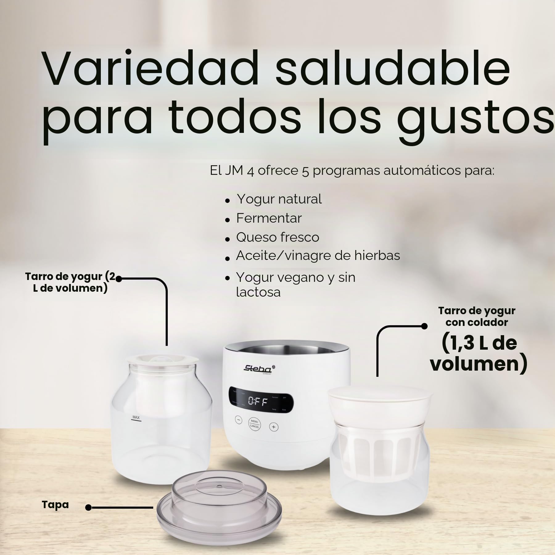 Yogurtera Steba para hacer yogur casero con una consistencia perfecta, 5 programas aromáticos, pies de goma antideslizantes y fácil limpieza. FERMENTO JM 4.