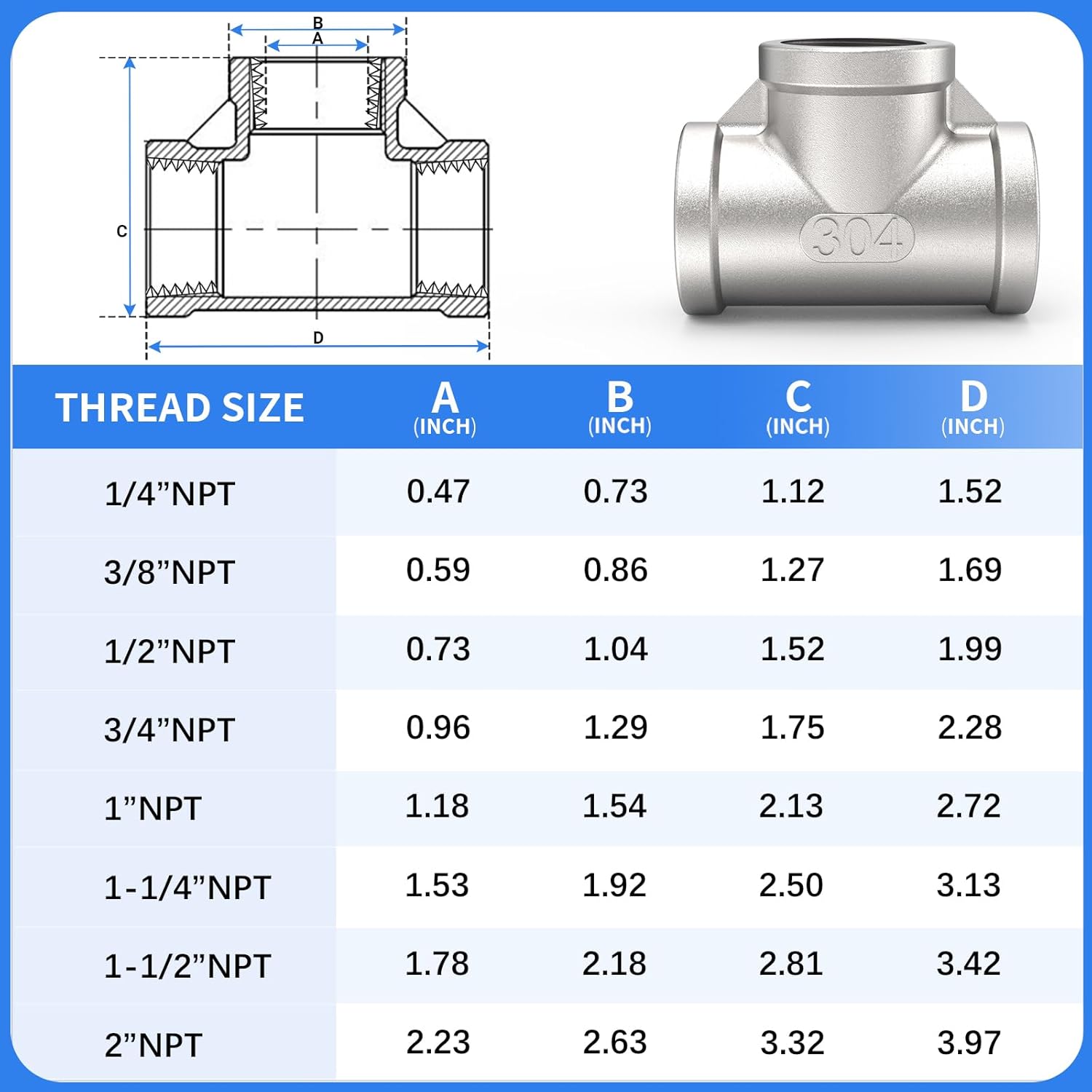ChillWaves 304 Stainless Steel Pipe Fitting, Tee 1" x 1" x 1" NPT Female Thread Adapter(2-PACK)