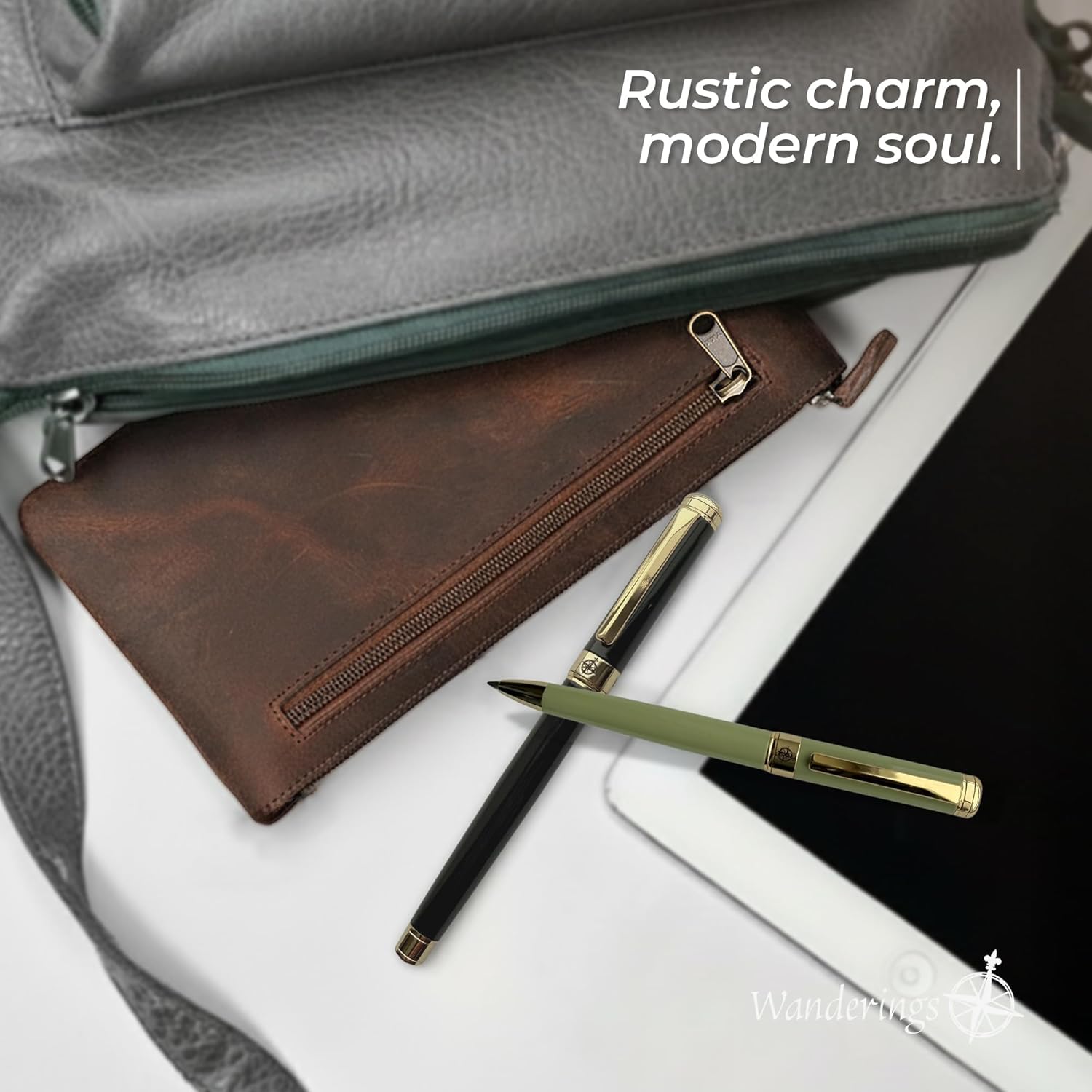 WANDERINGS Vintage Leather Pencil Pouch Case - 9"x5.5" - Hand Crafted Functional Brown Leather Zipper Pouch - Slim Pencil Case Holder for Men and Women - Pencil Bag for Artists - Image 5