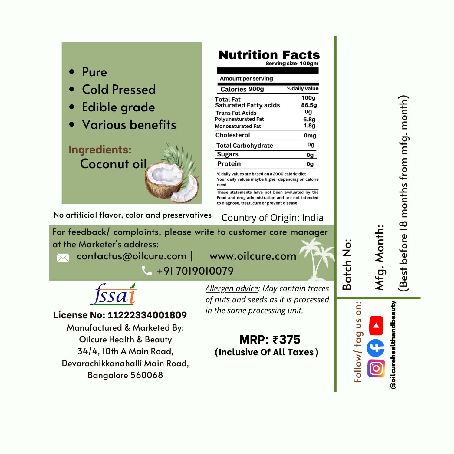 Oilcure Virgin Coconut Oil Cold Pressed - 500 ml - Image 2 thumbnail
