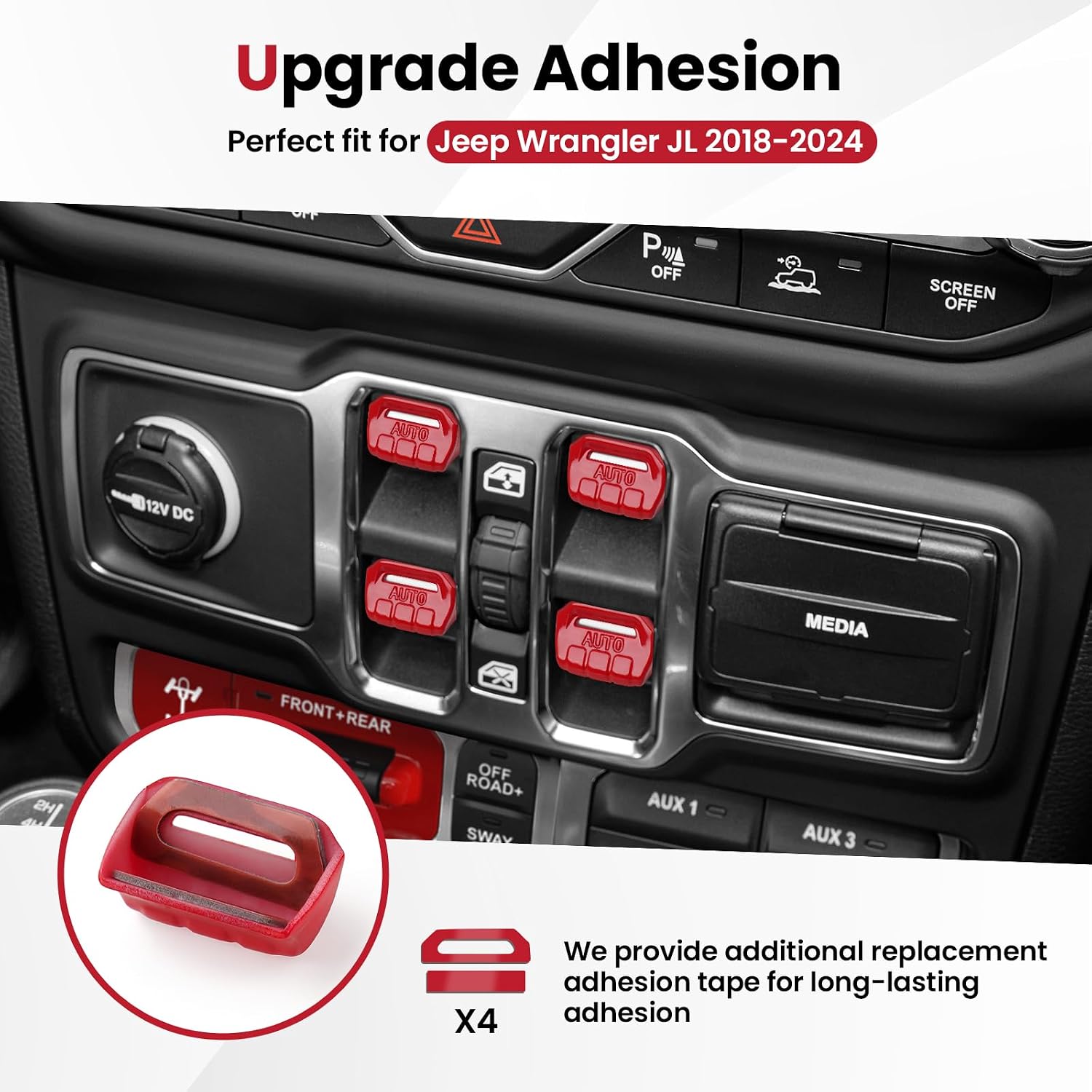 8PCS Upgraded Button Knob Cover for Wrangler JL JLU Gladiator JT 2018-2026 Volume Radio Window Air Conditioner Switch Button Cover Accessories Red
