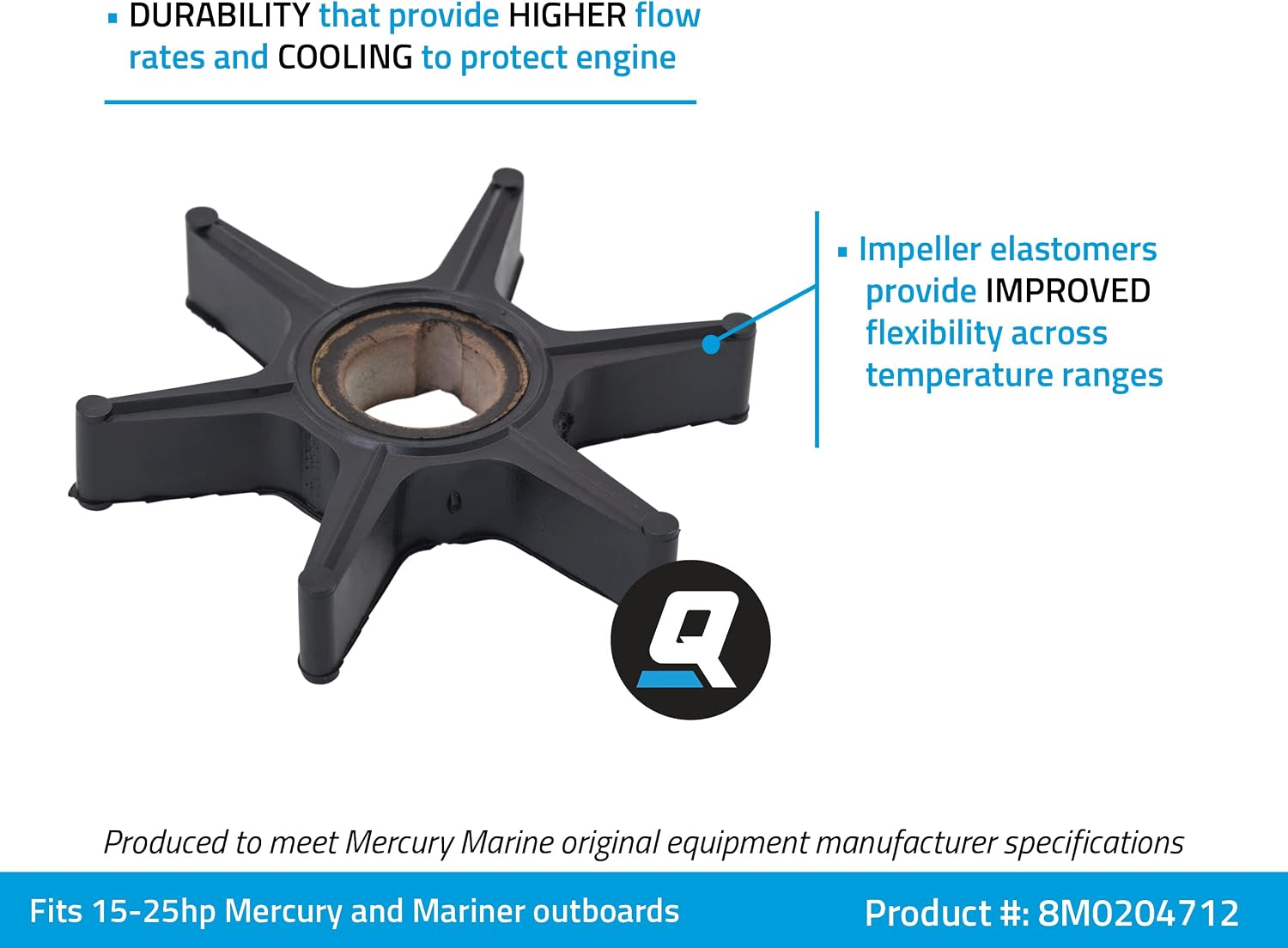 Quicksilver 8M0204712 Water Pump Impeller for Mercury and Mariner 15-25 Hp Outboards