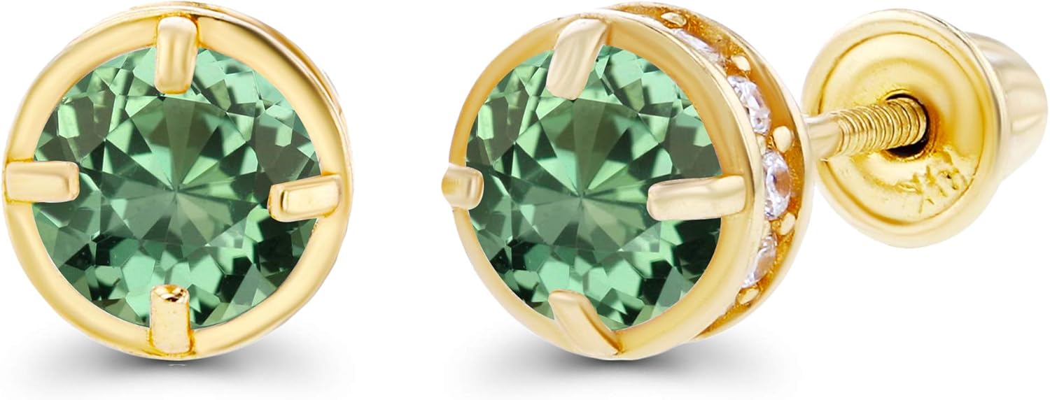 Solid 14K Gold 5mm Round Natural Birthstone Screwback Stud Earrings For Women | 4mm Genuine Birthstone | 1mm Created White Sapphire Basket Screwback Earrings For Women