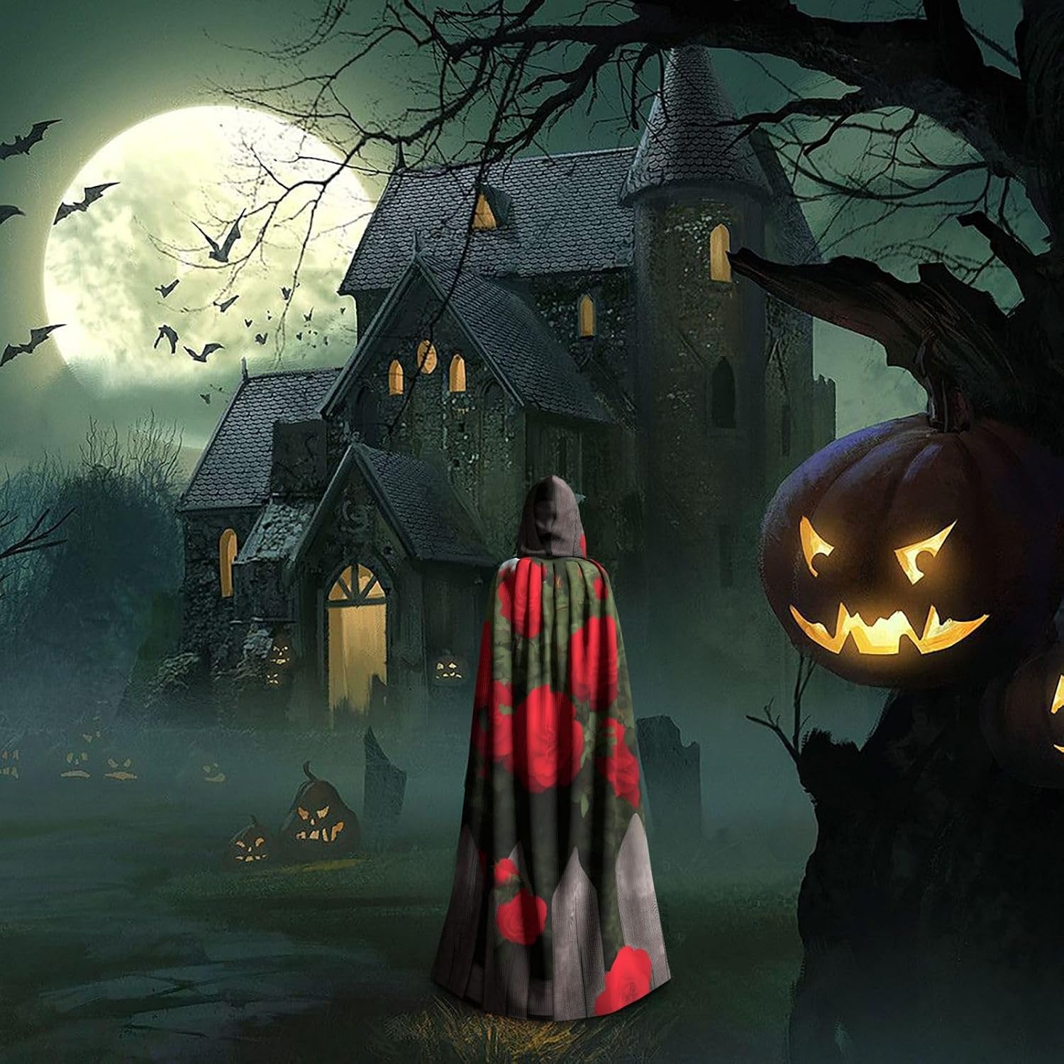 Unisex Full Length Hooded Halloween Christmas Party Robe Cloak Cape Cosplay Costume Men Women Fence and Beautiful Flowers. Prints Black