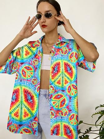 LUKYCILD Women 60s 70s Shirt Peace Sign Love Tshirts Hippie Short Sleeve Button Down Clothes Inspirational Tops