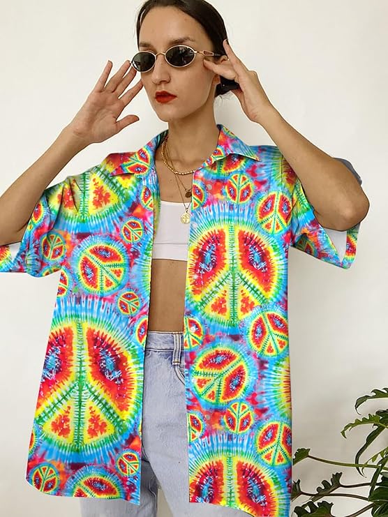 LUKYCILD Women 60s 70s Shirt Peace Sign Love Tshirts Hippie Short Sleeve Button Down Clothes Inspirational Tops