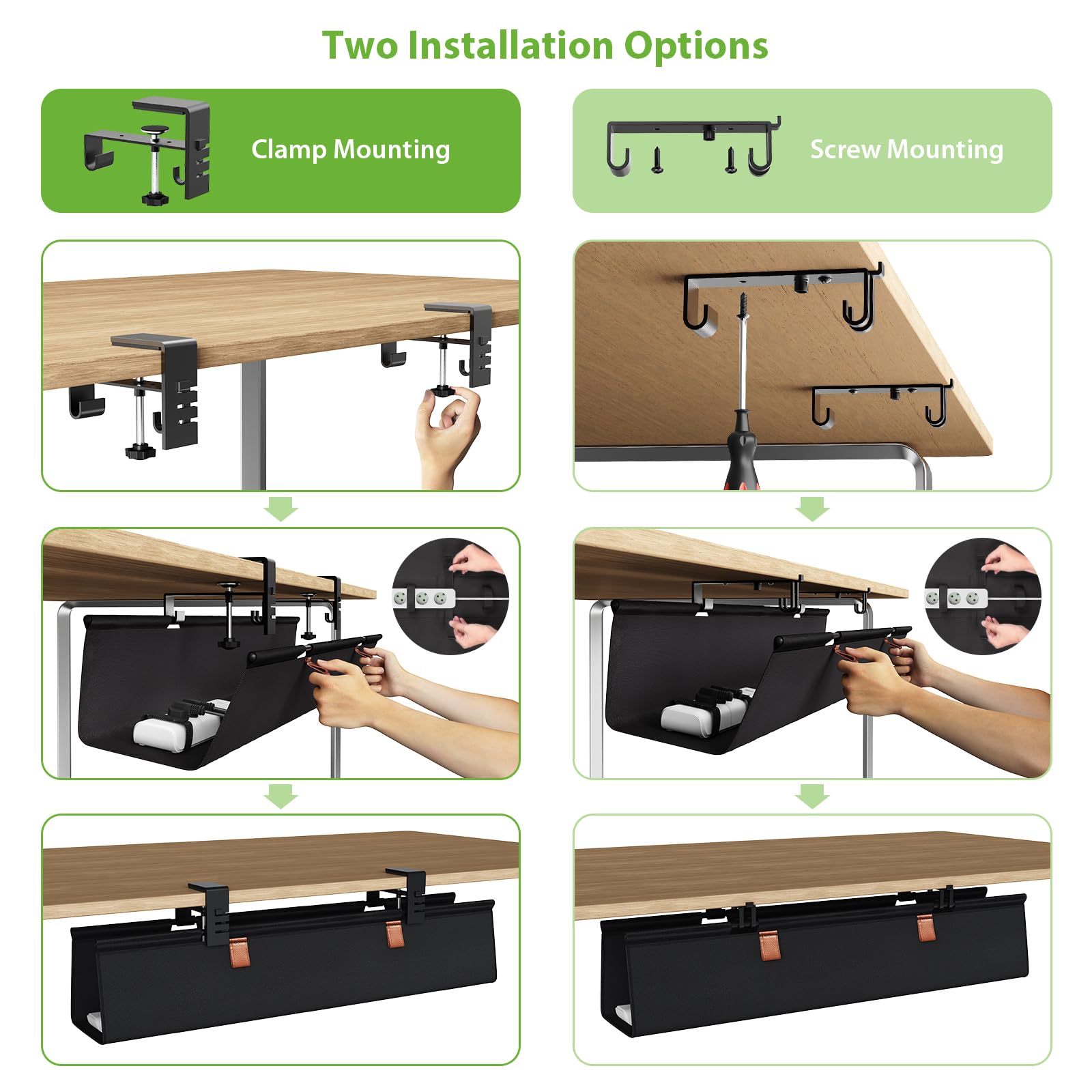 KEEGH Kabelkanal Schreibtisch Ohne Bohren, 76cm Unter dem Kabelmanagement Schreibtisch - Klemmen/Schraubmontage, Stoff-Kabelkanal für Gaming-PCs und Kabelverstecker für Büro & Zuhause, Schwarz