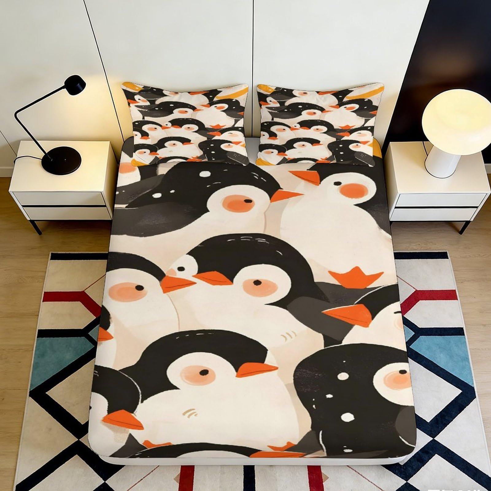 3D Printed Cartoon Penguin Fitted Sheet Microfiber Soft Breathable Arctic Bird Mattress Cover for Bedroom Guest Room Decor 140x200x25cm