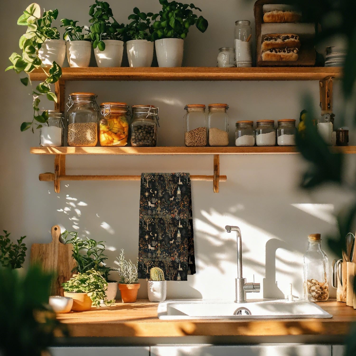 Gothic Medieval Dark Forest Kitchen Dish Towels, Cottagecore Witchy Boho Celestial Whimsical Forest Horse Castle Decorative Hand Tea Towels for Bathroom Kitchen, 16x24 Inches - Image 4