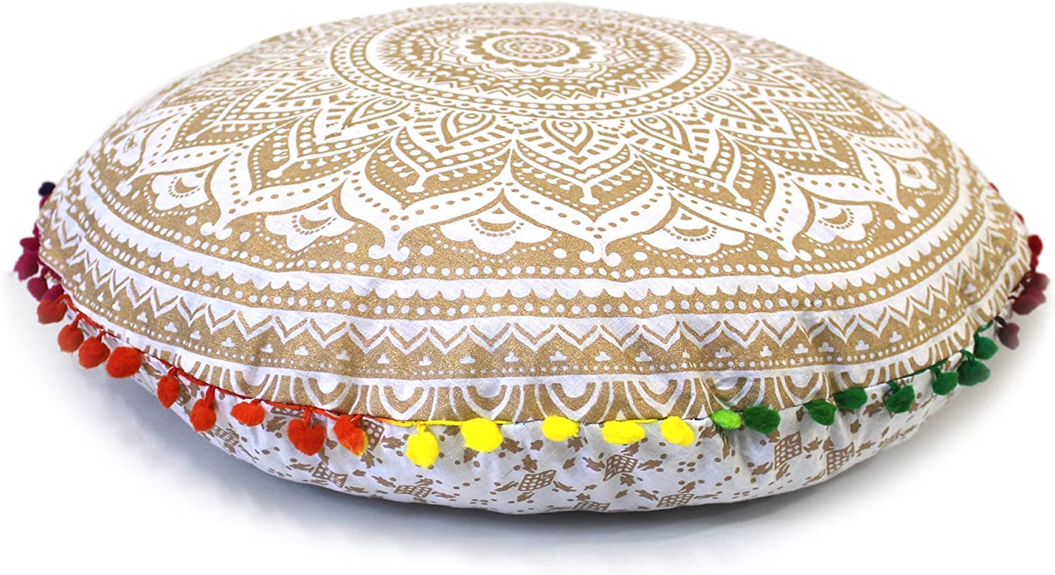 Round Pouf Cover - Gold Cotton with Pom -2