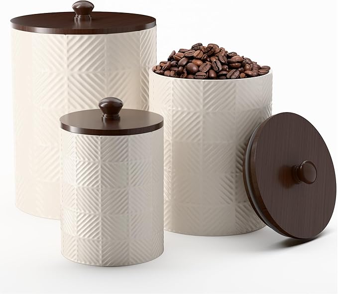 Ceramic Canisters Sets for the Kitchen - Kitchen Canisters for Countertop with Airtight Bamboo Lids - Ceramic Canister Set of 3 for Flour, Sugar, Tea or Spice - Airtight Coffee Canister