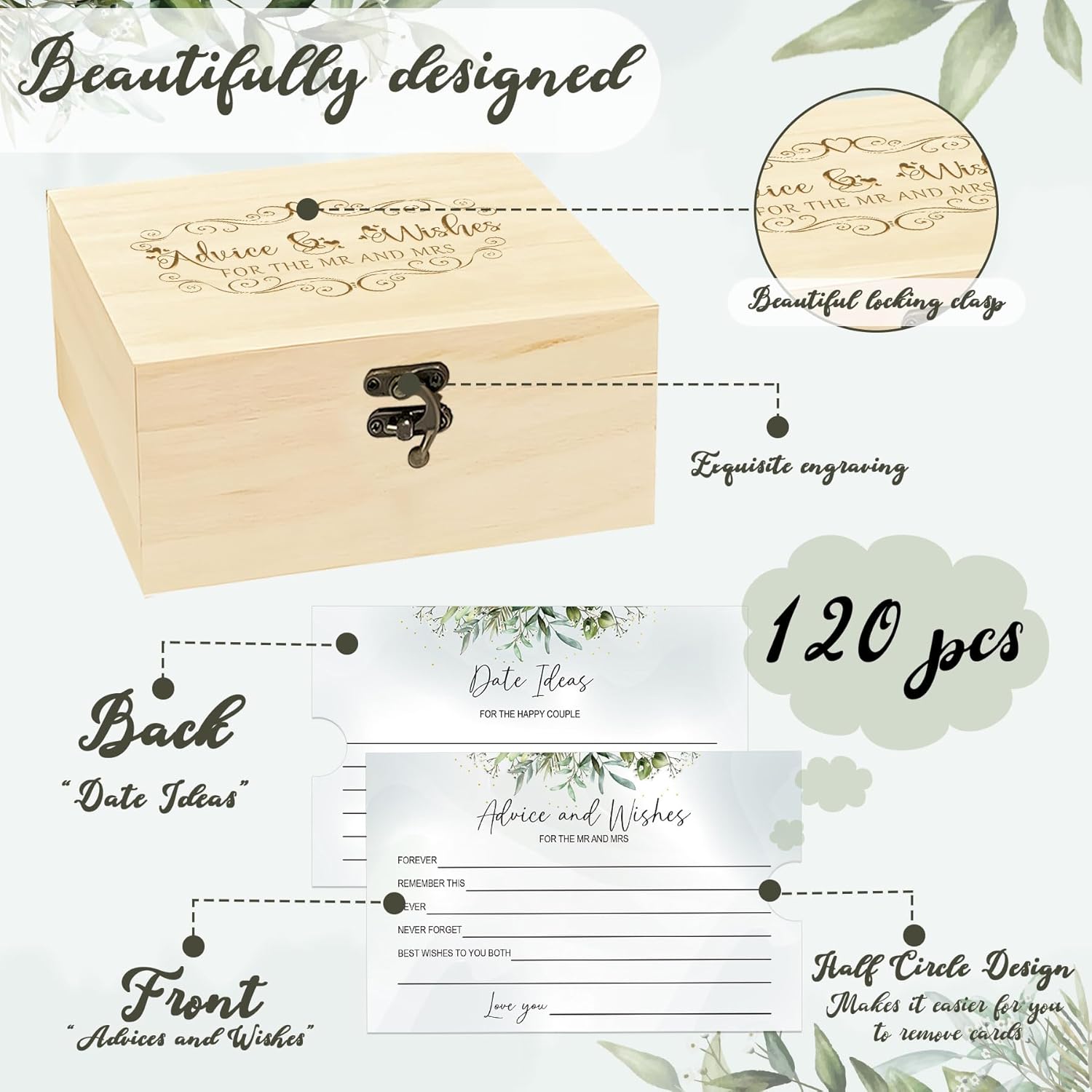 1DFAUL 134 Pcs Bridal Shower Decorations, Advice and Wishes for the Mr and Mrs, Greenery Advice for the Bride and Groom, with Wedding Sign 12 Color Pens Wish box, for Wedding Games Party