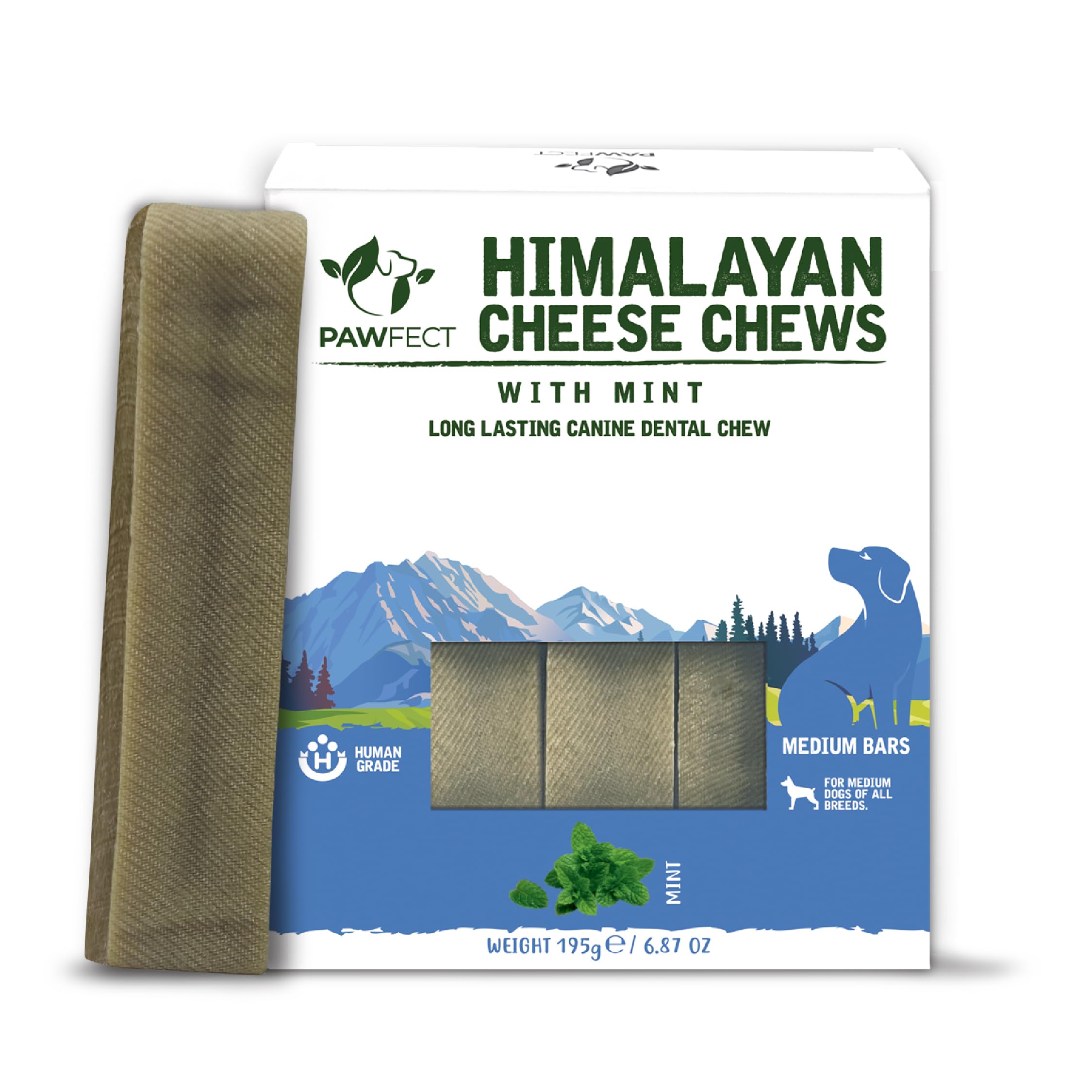 Pawfect Himalayan Yak Cheese Chews with Real Mint for Medium Dogs- 100% Natural Dental Stick - Cleans Teeth- Plaque Off and Tartar Control -High Protein, Grain-free Chews- Pack of 3 (195g/6.88oz)