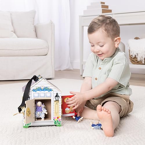 Miniatura 8 de Melissa & Doug Casa de muñecas de madera con campanilla, para llevar, con sonidos de campanillas, llaves, 4 muñecas de madera que posan