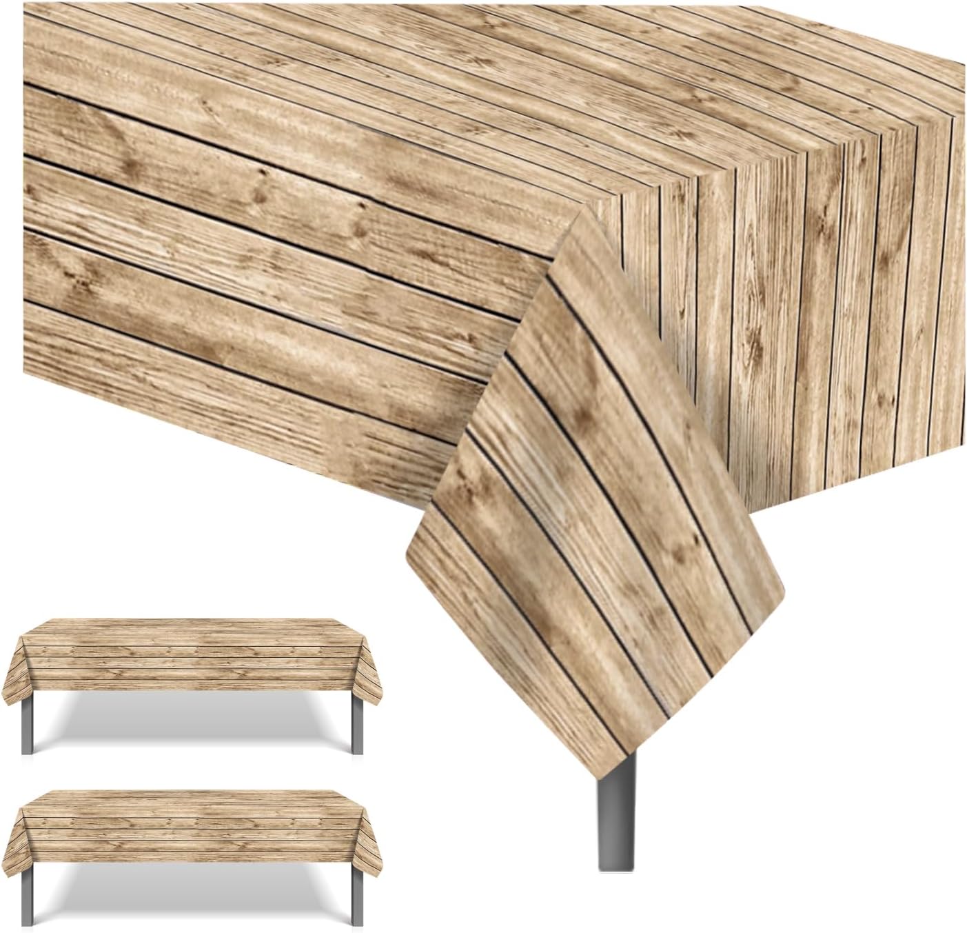 Wood Grain Plastic Tablecloths, 2PCS Wood Grain Tablecover Wood Print Tablecloth Brown Vintage Party Table Covers for Kitchen Dining Room, Barbecue Party Decorations, 54 x 87 Inches