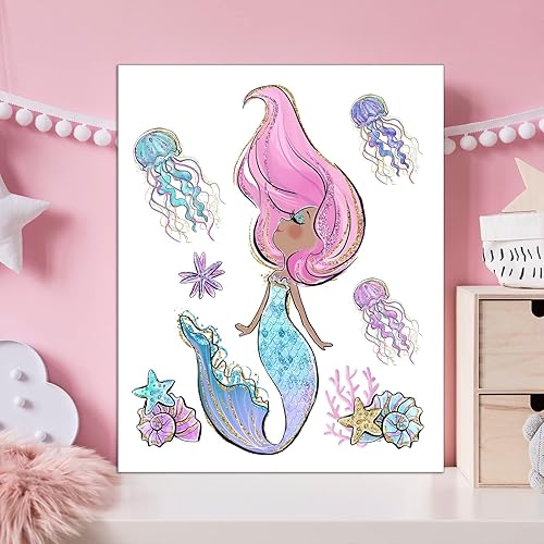Miniatura 7 de Nilem Design Arte de pared de sirena para dormitorio de niñas, juego de 4 (8 x 10) pósteres sin marco, decoración de sirena oceánica para habitación