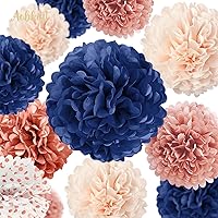 Vista 8 de AOBKIAT Juego de decoraciones de fiesta de oro rosa y azul marino, pompones de papel de seda, guirnalda de papel para compromiso y aniversario
