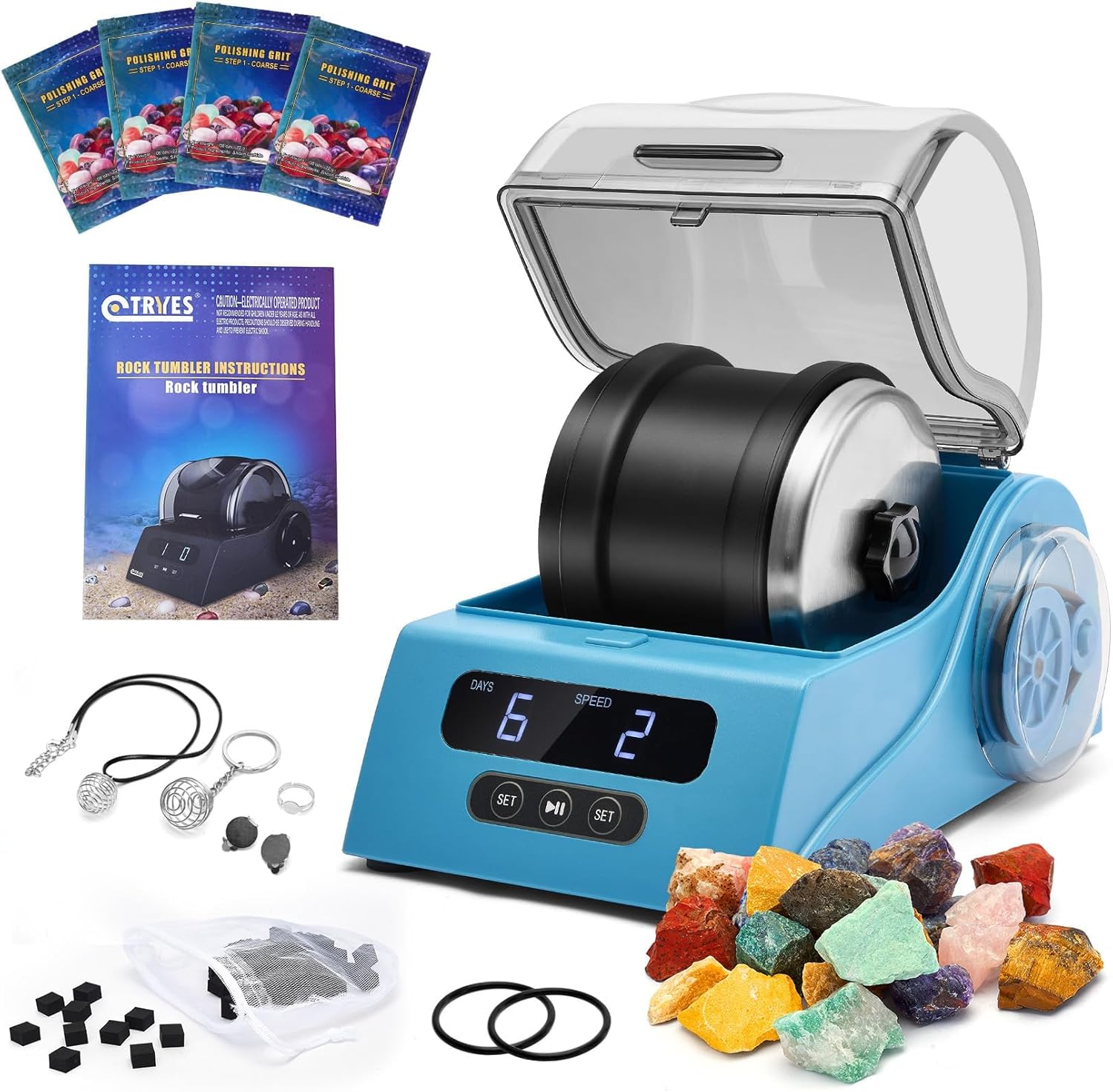 Rock Tumbler Kit Adults - Rock Polisher Tumbler with Noise Reduction Cover, Speed&Timer Control, Includes 4 Polishing Grits, Rough Gemstones, Learning Guide etc.(Blue)