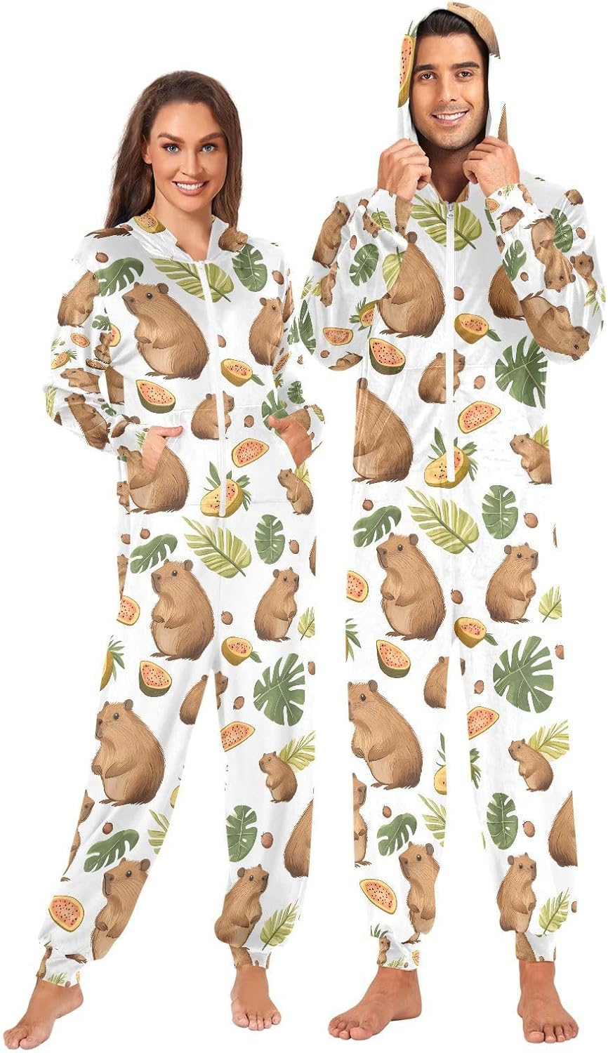 Capybara Little Animal Tropical Adult Onesie Pajamas Novelty One Piece Costume Sleepwear Jumpsuits Matching PJS