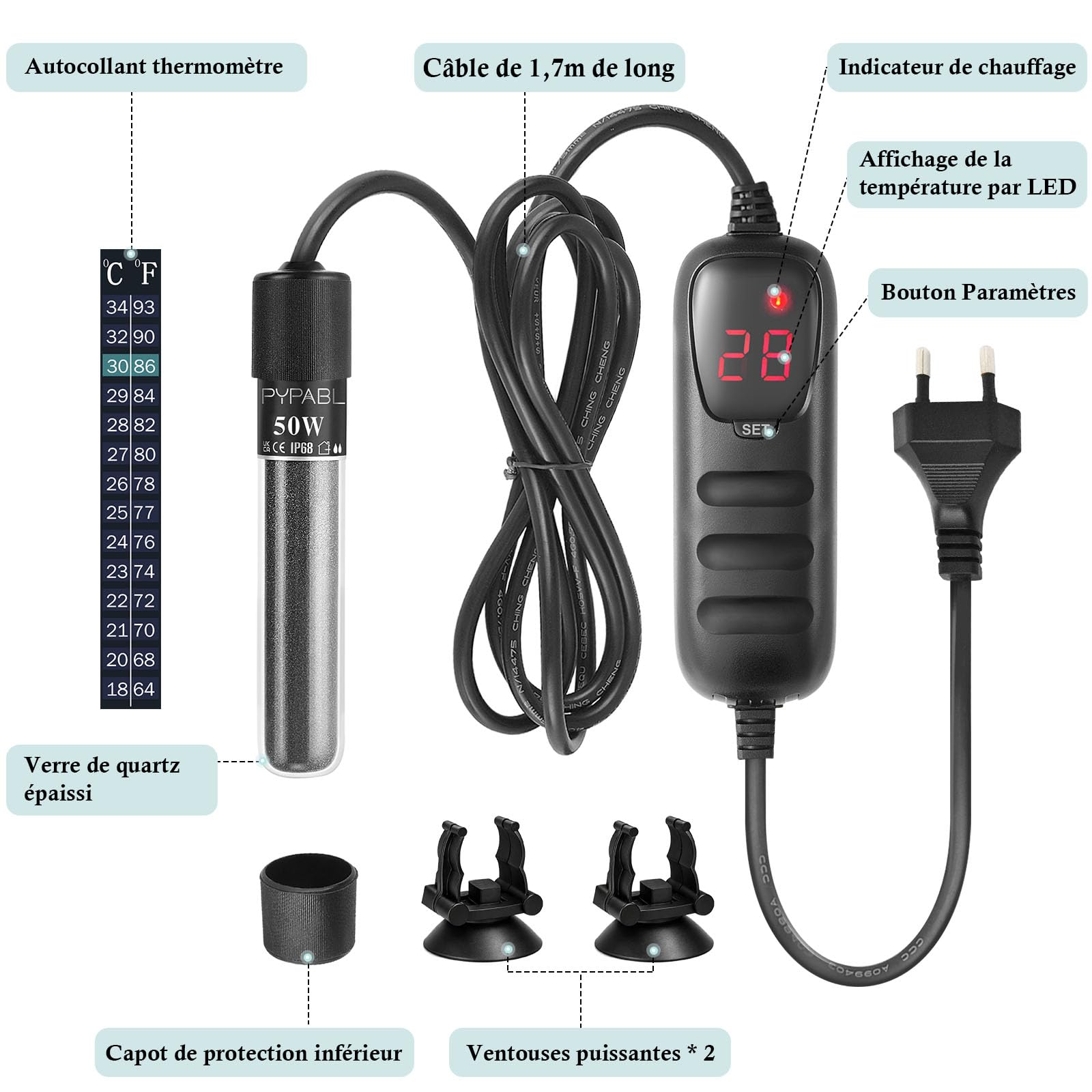 Chauffage Submersible pour Aquarium, 25W 50W 100W 300W Mini Chauffage d'Aquarium avec Régulateur de Température Externe, pour Chauffage d'Aquarium de Poissons et de Tortues 3-300L