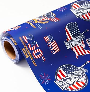 MAYPLUSS 4th of July Wrapping Paper Roll, 17In X 16.5Ft Patriotic Gift Wrap Featuring Stars and Stripes 250 Bald Eagle Statue of Liberty for Independence Day