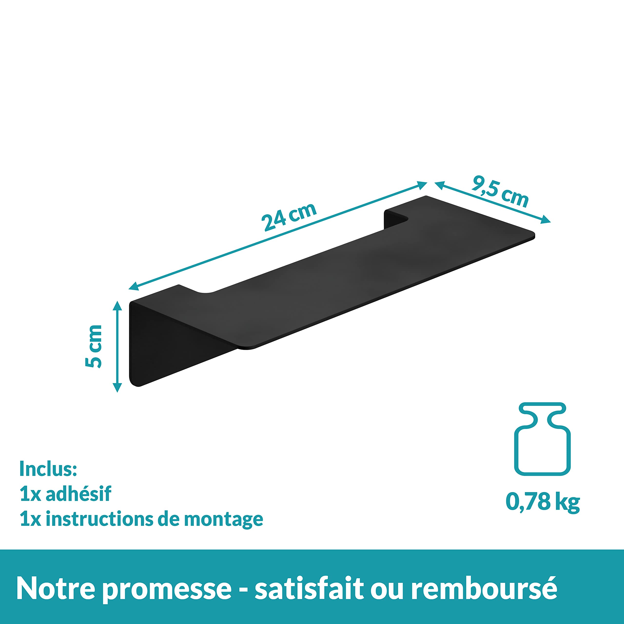 WEISSENSTEIN Tablette Murale Adhésive en INOX Noir 24 cm - Salle De Bains - Grande Étagère Autocollante - sans Trou Ni Percage