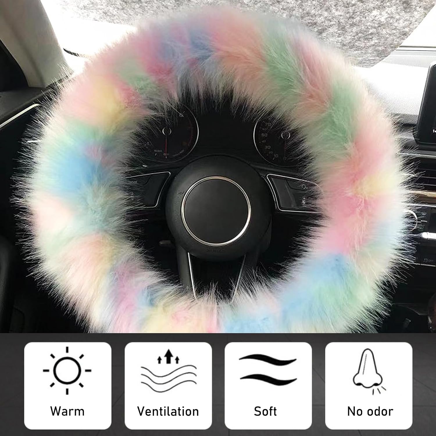 Plush Car Wheel Warmer Cover, Furry Fluffy Steering Protector, Fashionable Cute Car Decoration, Universal for Most Vehicles (Multicolored) image 3