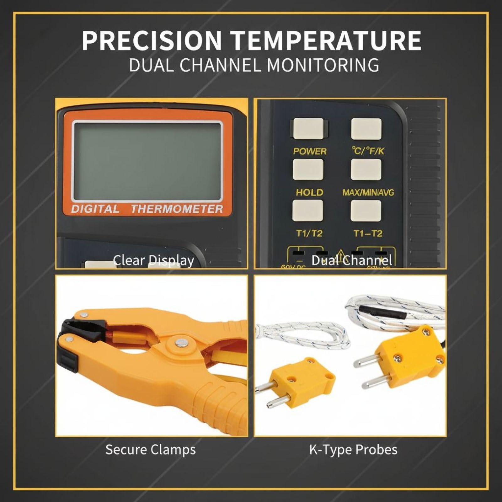 Dual-Kanal-Digitalthermometer mit K-Typ-Thermoelement, Metalltemperaturfühlern und Temperaturklemmen, Echtzeitberechnung der Temperaturdifferenz, LCD-Anzeige, ℃/℉/K umschaltbar