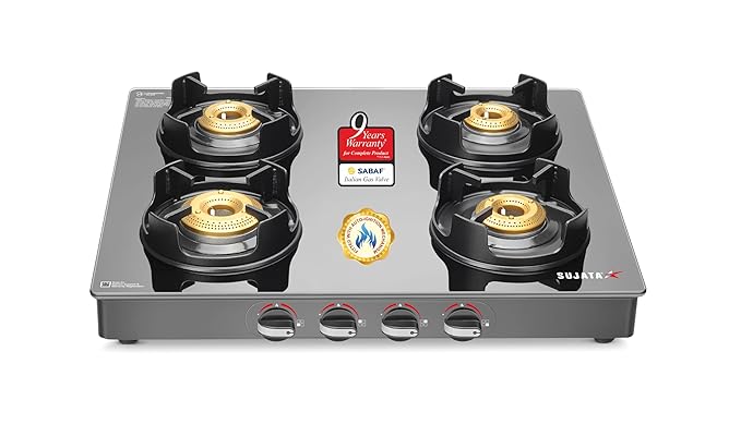 Sujata Deluxe Auto Ignition Gas Stove 9 Years Warranty 4 Burner Stove, Gas Stove 4 Burners Glass Top, SABAF, ISI Certified, LPG & PNG Compatible, Jumbo Brass Burner (Black Colour)