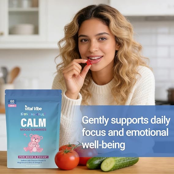 Calm Mood Gummies for Kids & Adults | Saffron, Passion Flower, Magnesium, Omega-3, B12 | Supports Mood & Focus | 60 Raspberry Flavour Gummies | Vegan & Gluten Free