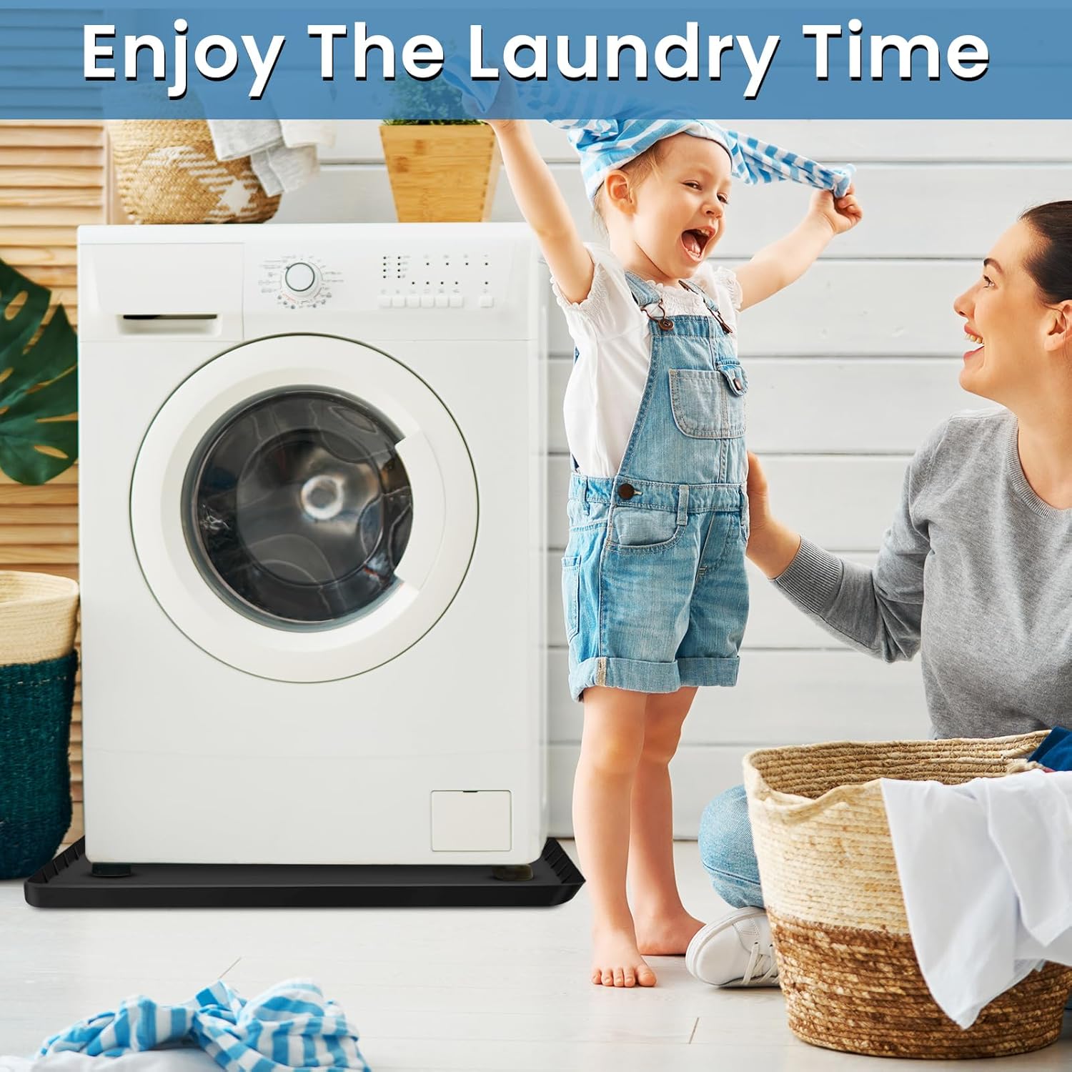 Large Thickened Washing Machine Mat 30" x 28" Silicone Under Washer and Dryer Drain Pan Drip Tray Floor Protector Non-Slip Flexible Soft Mat Waterproof Raised Edge 0.98'' Black