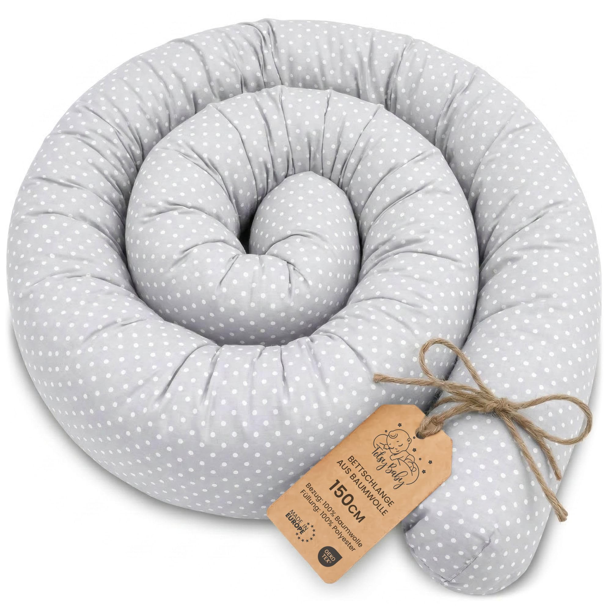 Totsy Baby Seitenschläferkissen Bettschlange Body Pillow 150 cm Baumwolle - Kopfkissen lang Bettrolle Schlafkissen Nackenrolle Kissen Oeko-Tex Tupfen auf Grau
