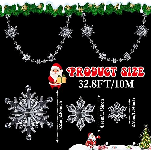 Miniatura 2 de Lewtemi Guirnalda de copos de nieve de acrílico de Navidad de 32.8 pies, adorno de copo de nieve para colgar en copos de nieve de Navidad,