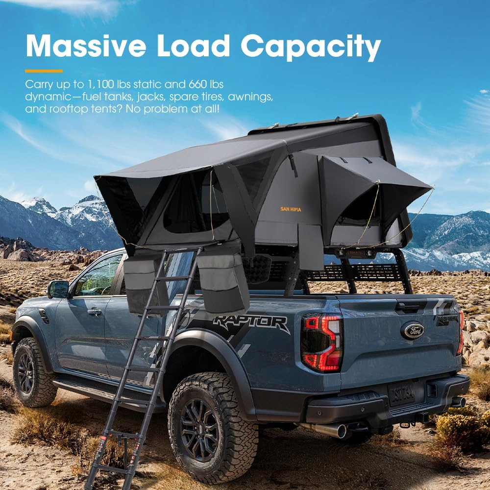 Truck with SanHima bed rack carrying a rooftop tent in a mountainous landscape