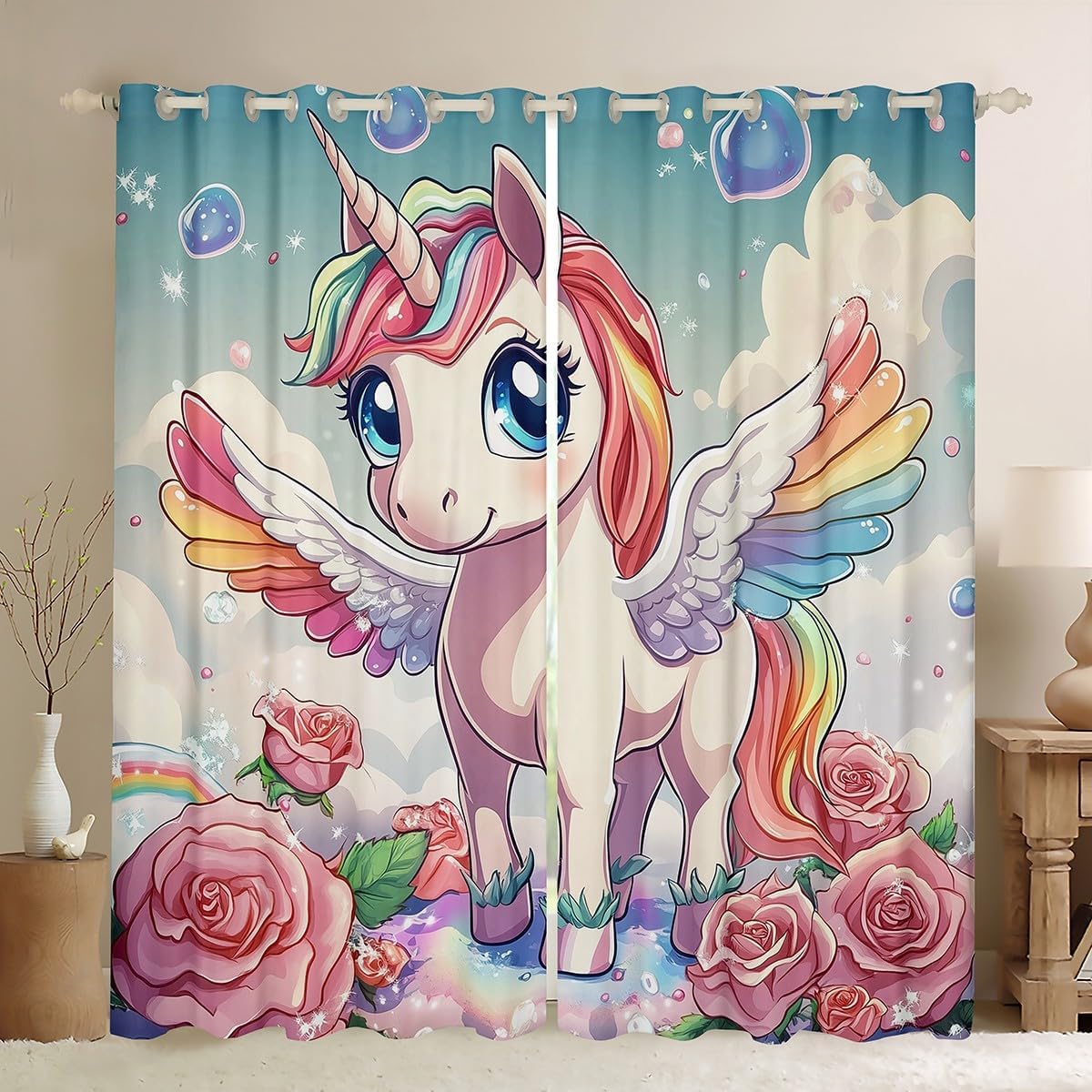 Cartoon Unicorn Window Curtains Blooming Rose Flower Darkening Blackout Curtains Rainbow Colorful Animal Wings Window Treatments Girlish Grommet Top 2 Panel Set Drapes,38Wx45L